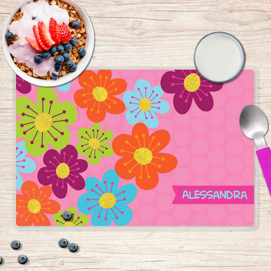 Shiny Bold Flowers Personalized Kids Placemat - Give Wink
