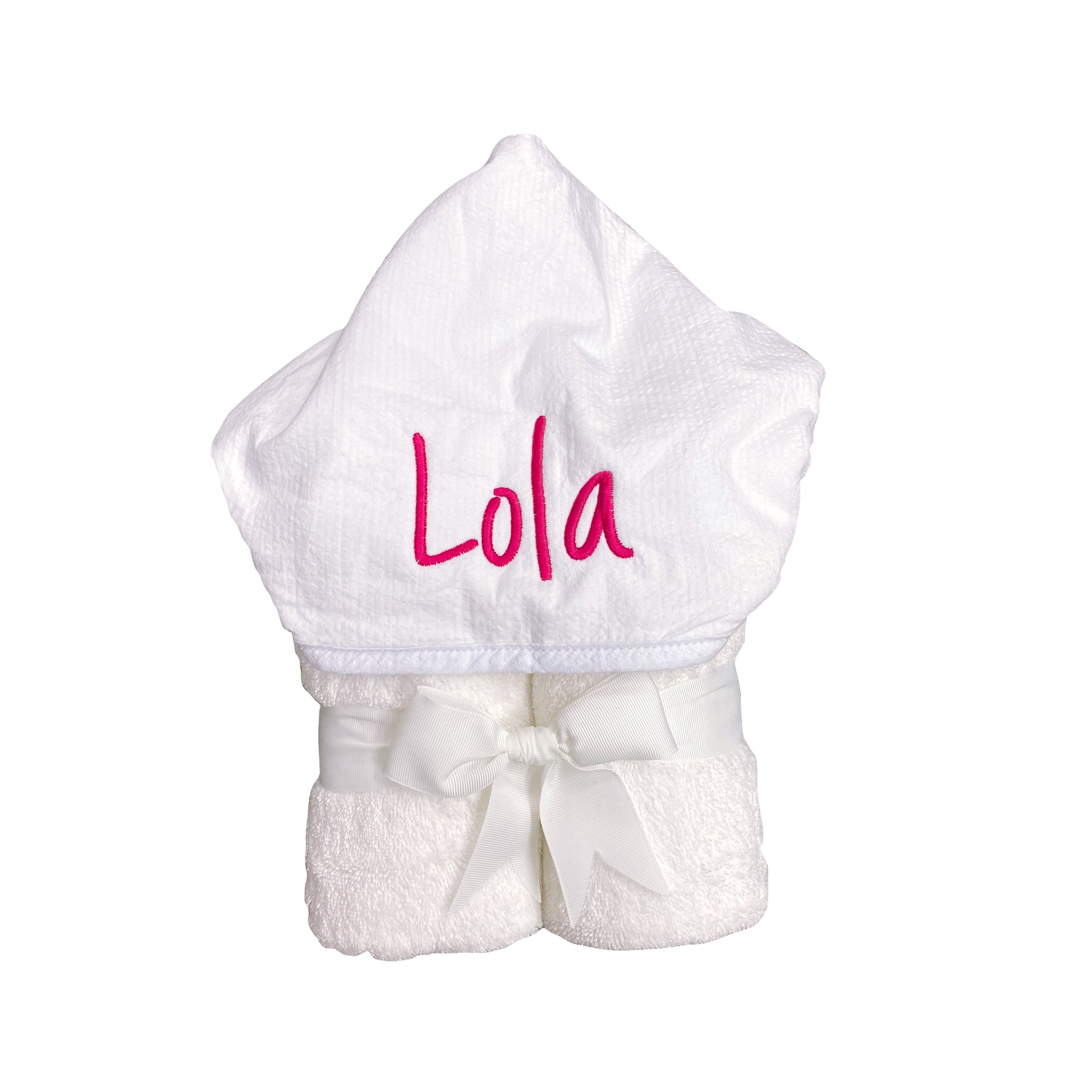 Personalized White Seersucker Stripe Baby Hooded Towel - Give Wink