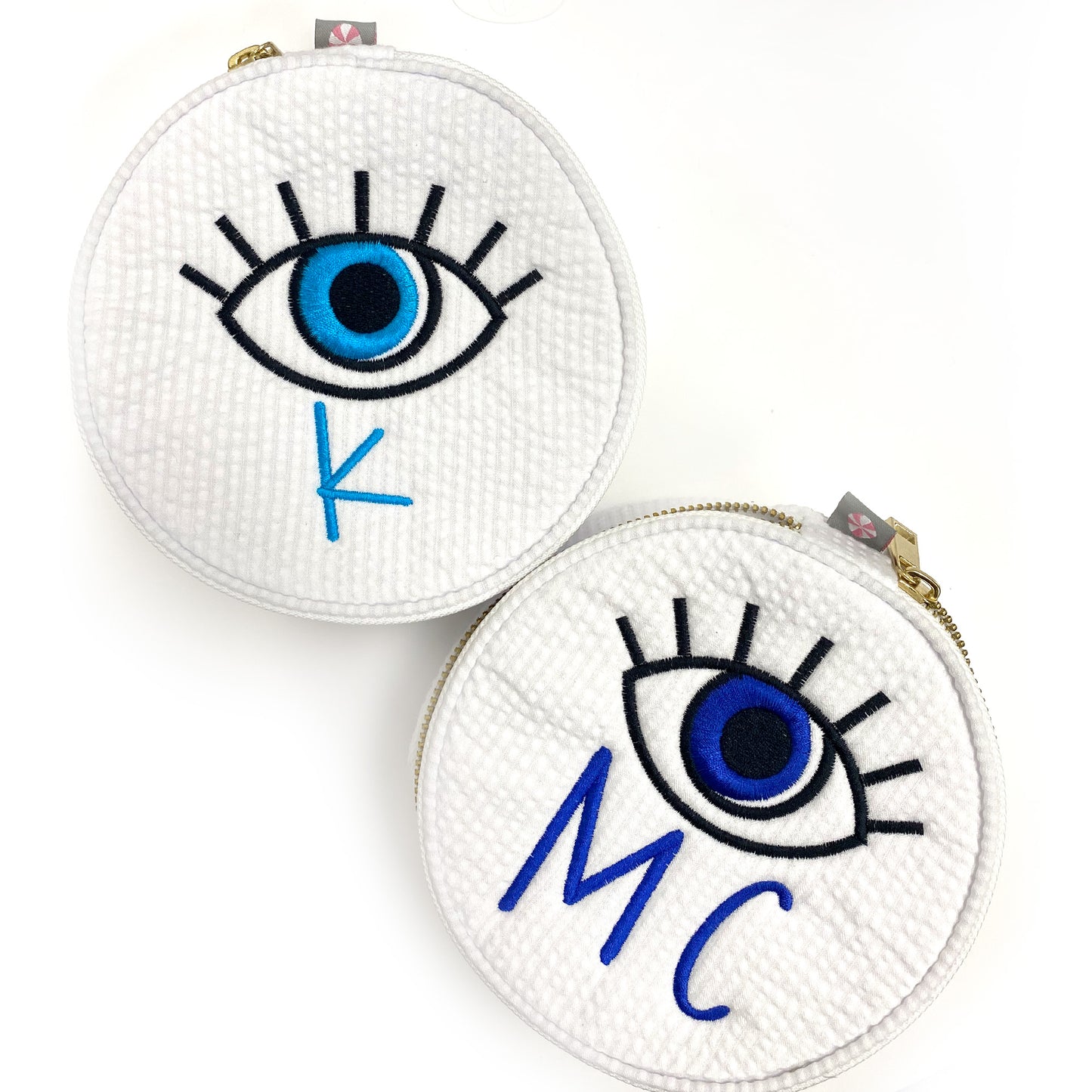 Personalized Seersucker White Round Multi Purpose Pouch - Give Wink