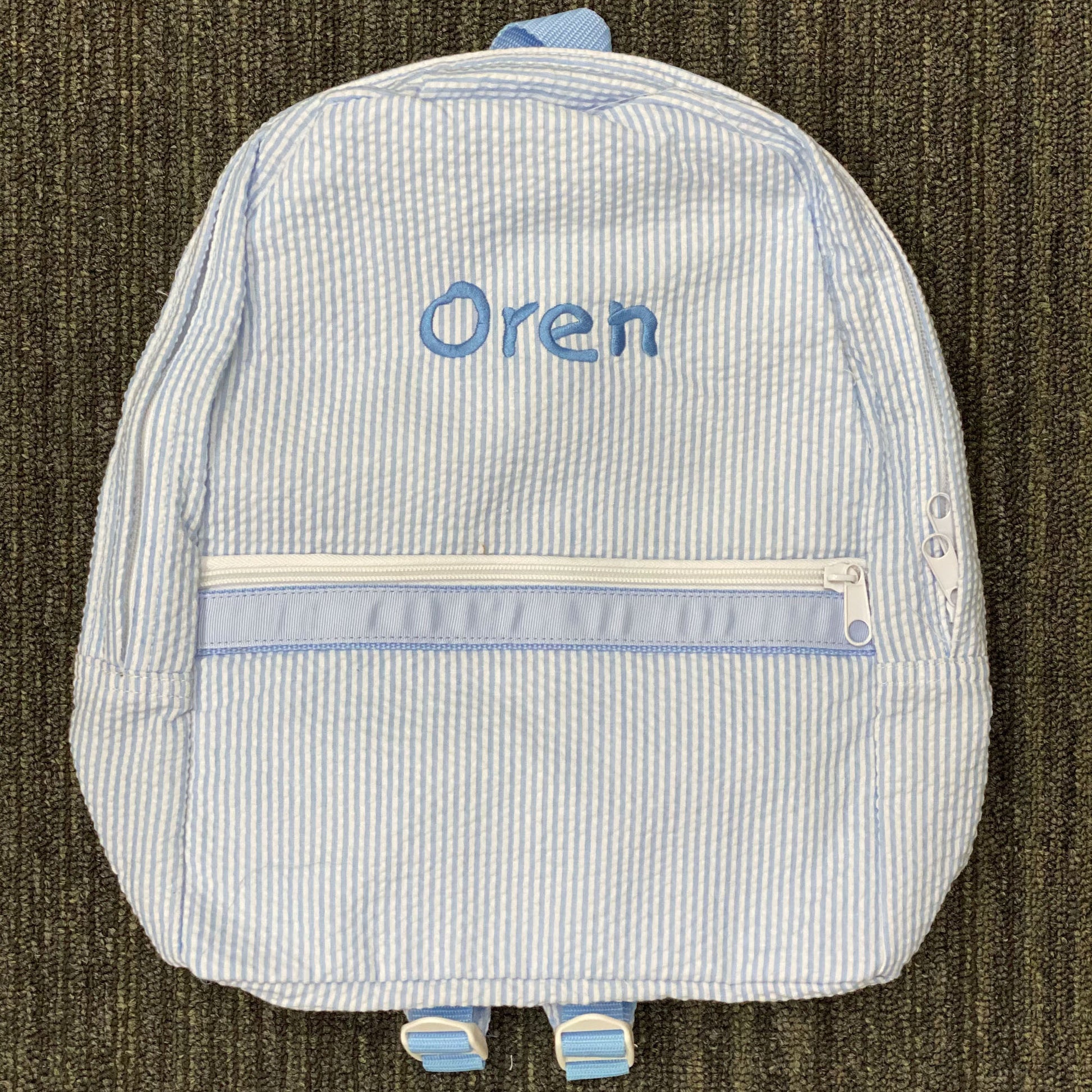 Personalized Seersucker Baby Blue Small Backpack - Give Wink