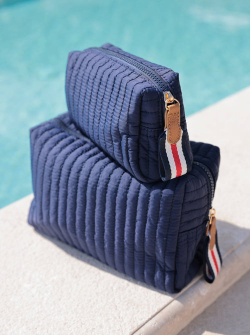 Ezra Quilted Nylon Boxy Cosmetic Pouch Set - Navy - Give Wink