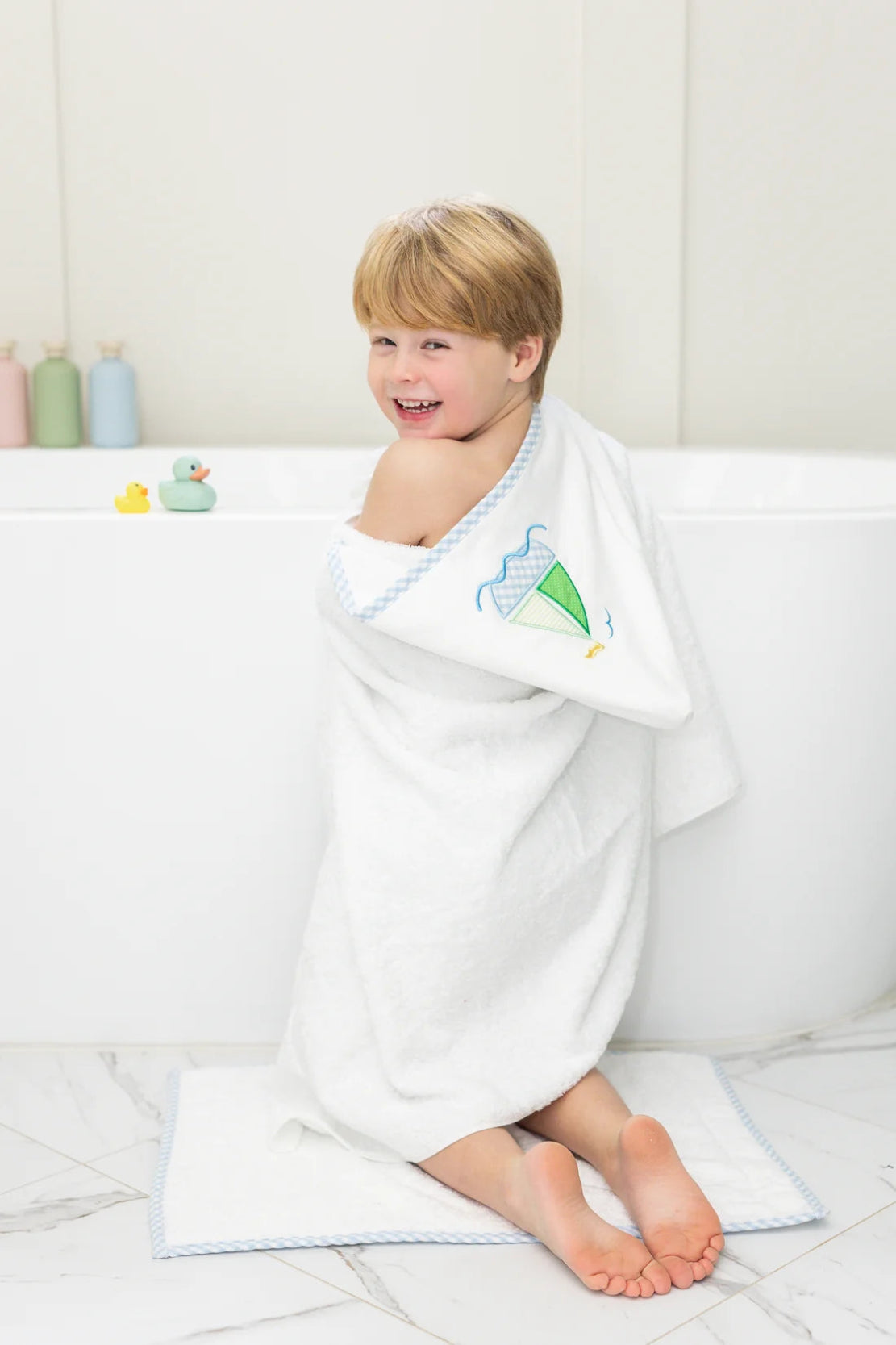 Personalized Baby Boy Blue Pastel Sailboat Hooded Towel - Give Wink