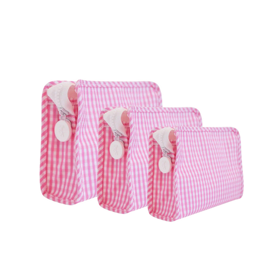 Personalized Nylon Pink Gingham Set of 3 Pouches - Give Wink