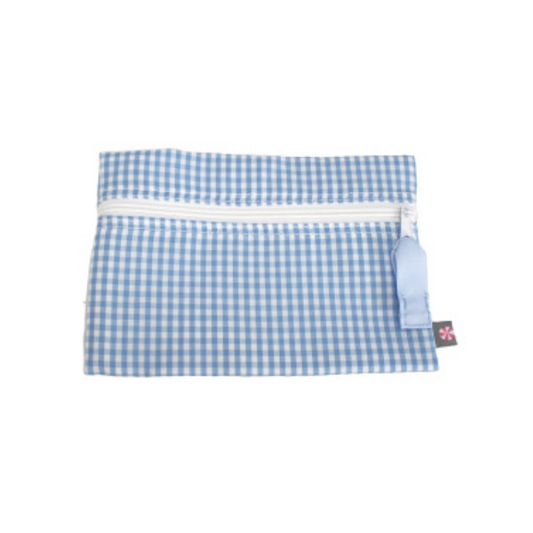 Personalized Gingham Baby Blue Flat Pouch - Give Wink