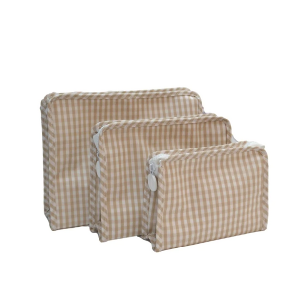 Personalized Nylon Beige Gingham Set of 3 Pouches - Give Wink
