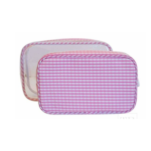 Personalized Pink Gingham Clear Duo Pouch - Give Wink