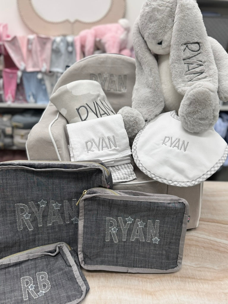 Personalized Grey Gingham Pique Medium Bib - Give Wink