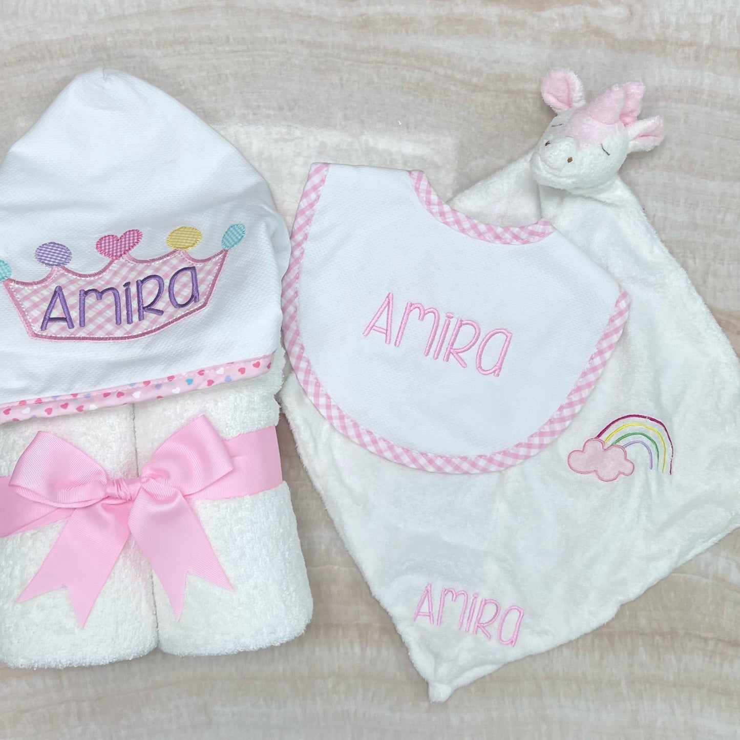 Personalized Baby Girl Pink Gingham Pique Medium Bib - Give Wink