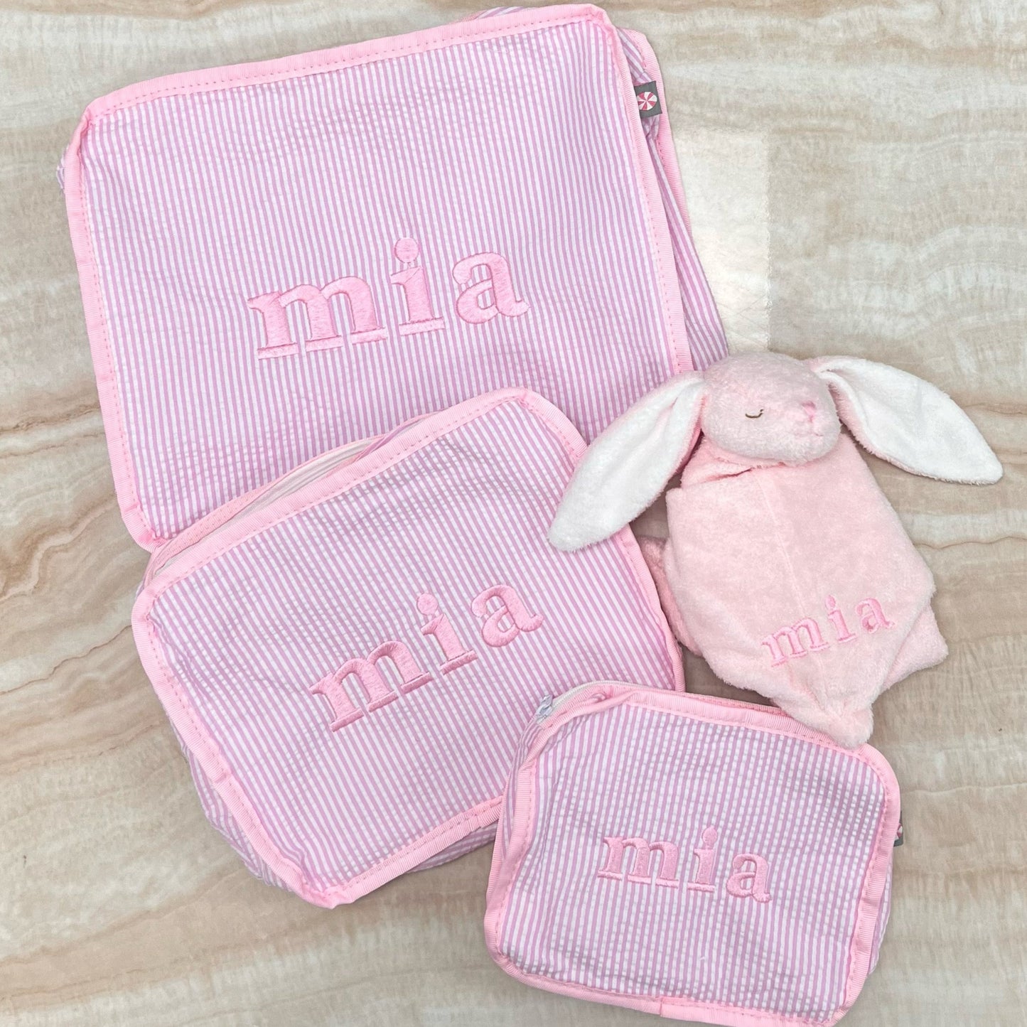 Personalized Seersucker Baby Pink Organizing Trio - Give Wink