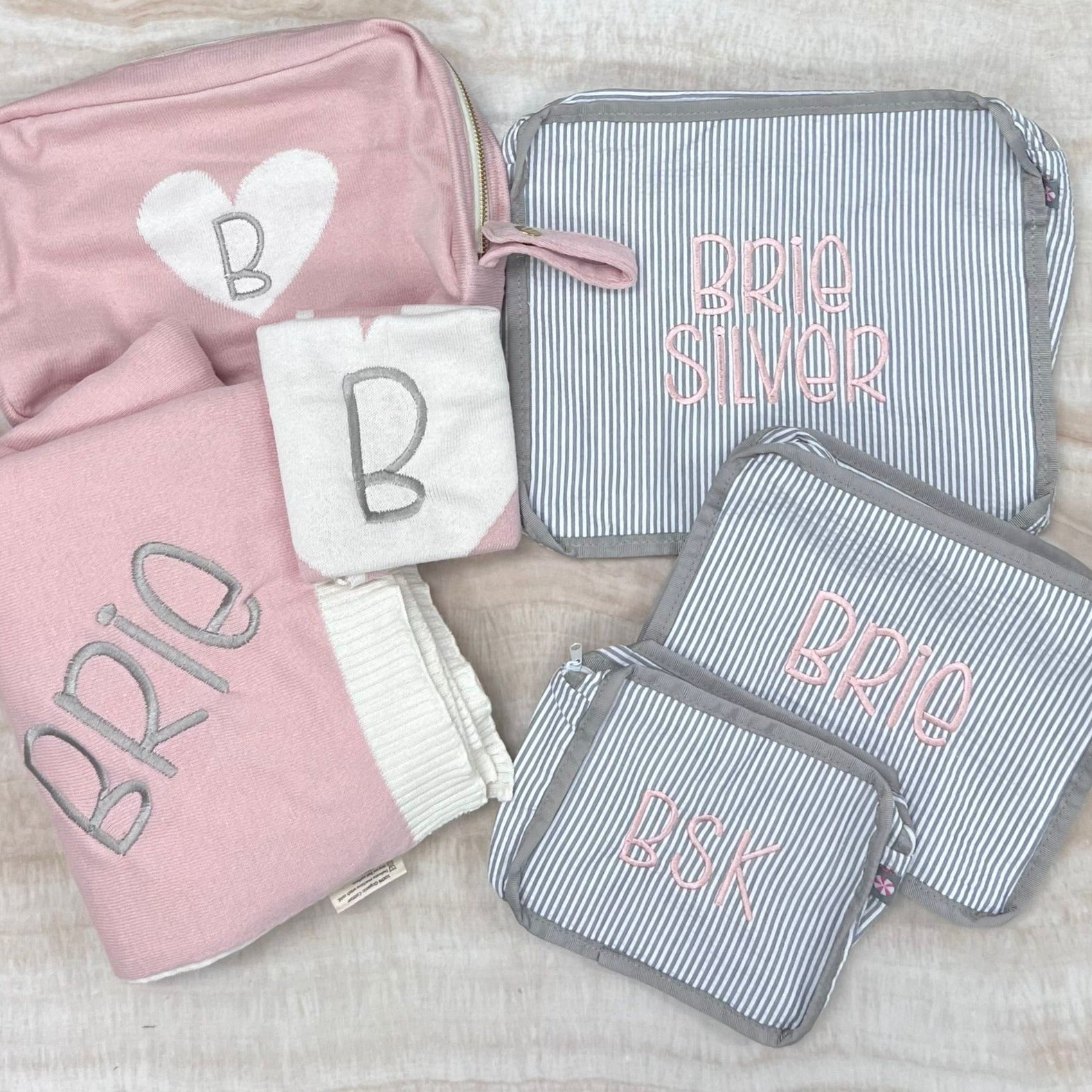 Personalized Baby Travel Set Pink / Ivory Hearts 3 Piece Knitted - Give Wink