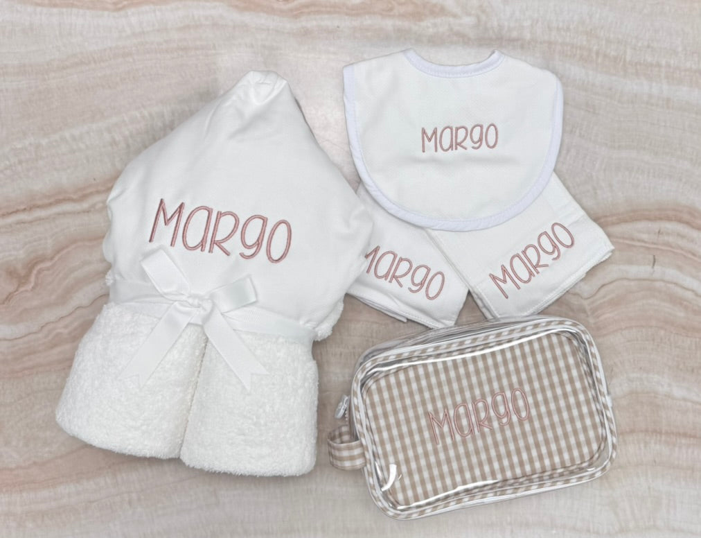 Personalized White Seersucker Stripe Baby Hooded Towel - Give Wink