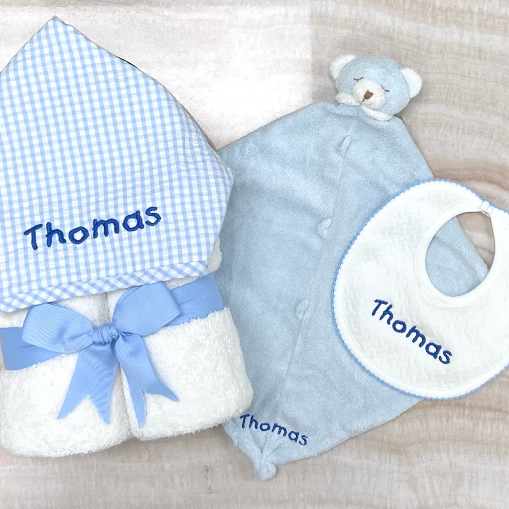 Personalized Baby Boy Blue Gingham Hooded Towel - Give Wink