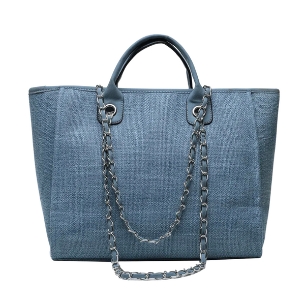 Personalized Small Linen Canvas Tote With Chian Handle - Denim