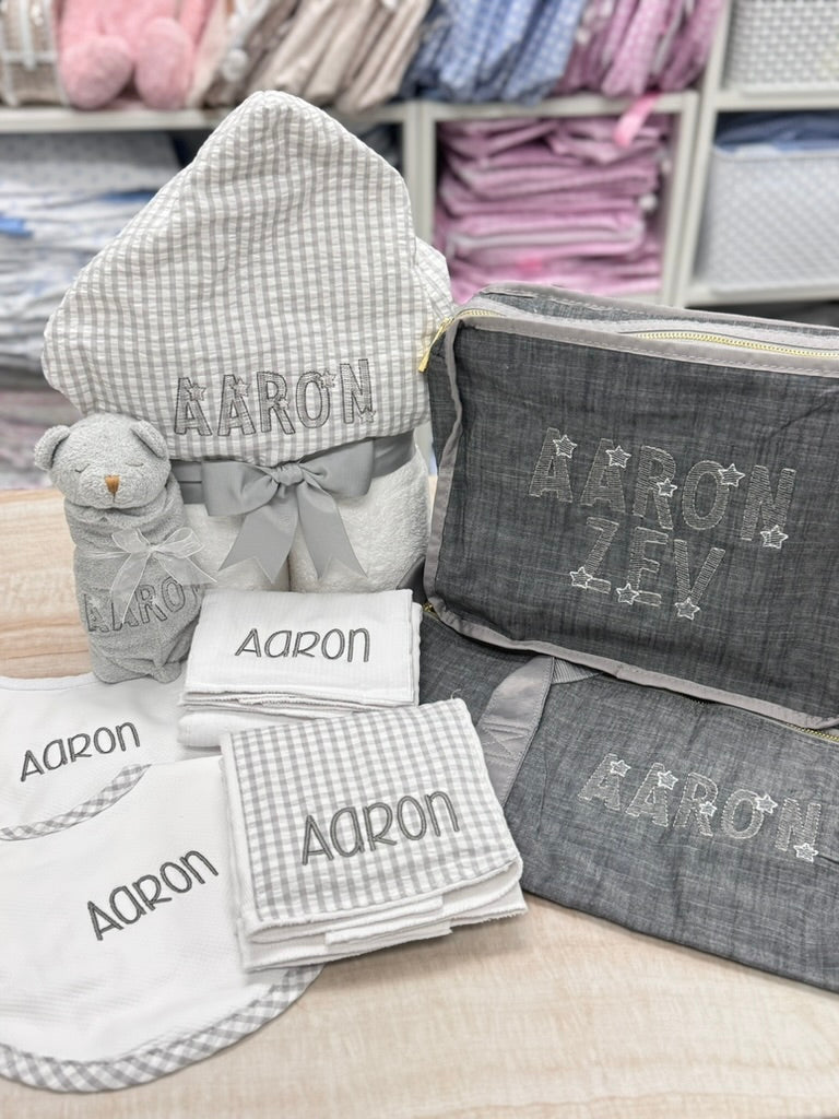 Personalized Grey Gingham Pique Medium Bib - Give Wink