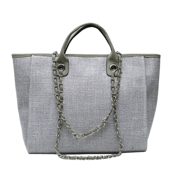Personalized Large Linen Canvas Tote With Chian Handle - Grey - Give Wink