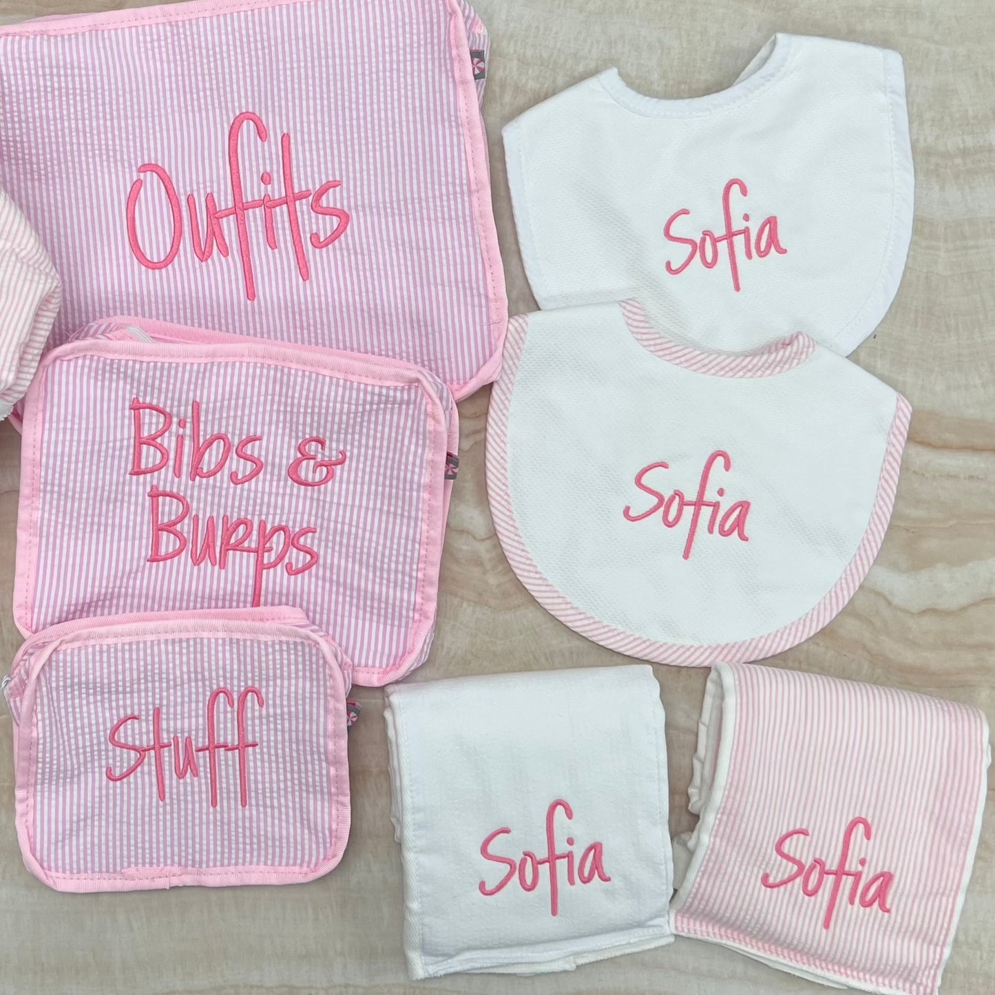 Personalized Baby Girl Pink Seersucker Set of 2 Burps - Give Wink