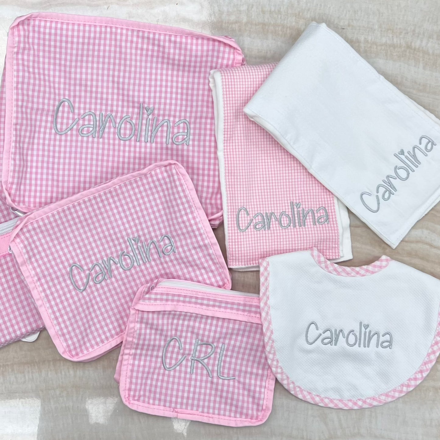 Personalized Gingham Baby Pink Organizing Trio - Give Wink