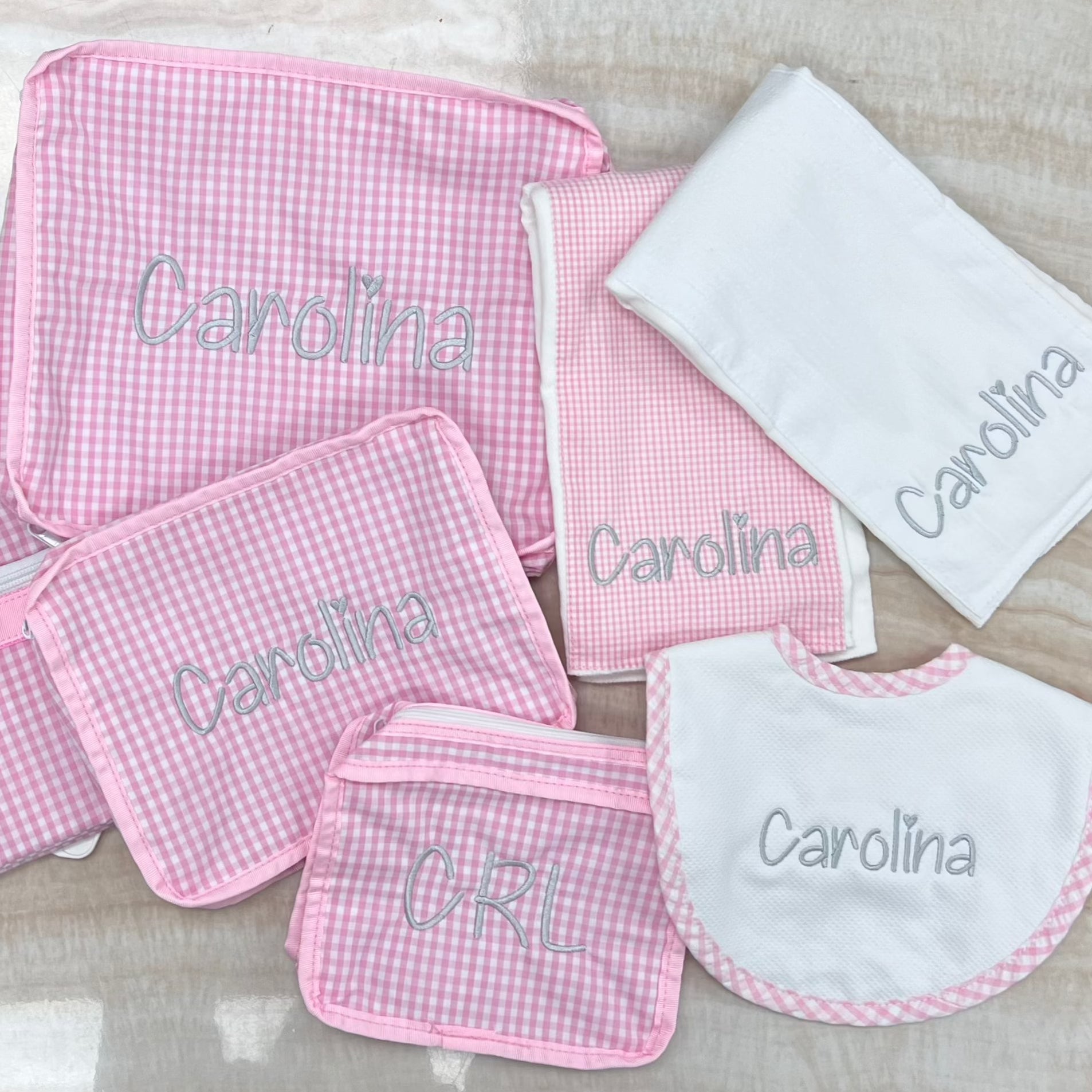 Personalized Baby Girl Pink Small Gingham Set of 2 Burps - Give Wink