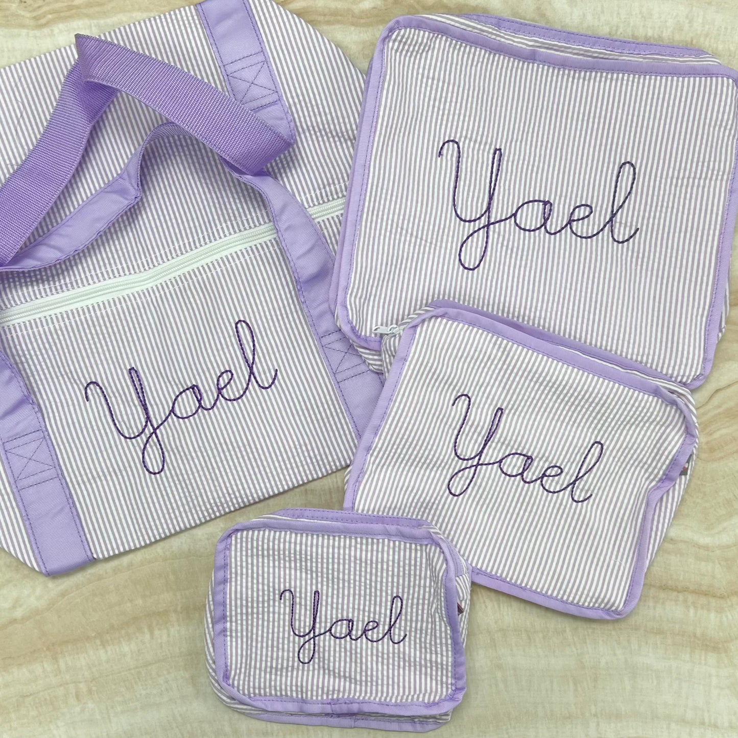 Personalized Seersucker Lilac Organizing Trio - Give Wink