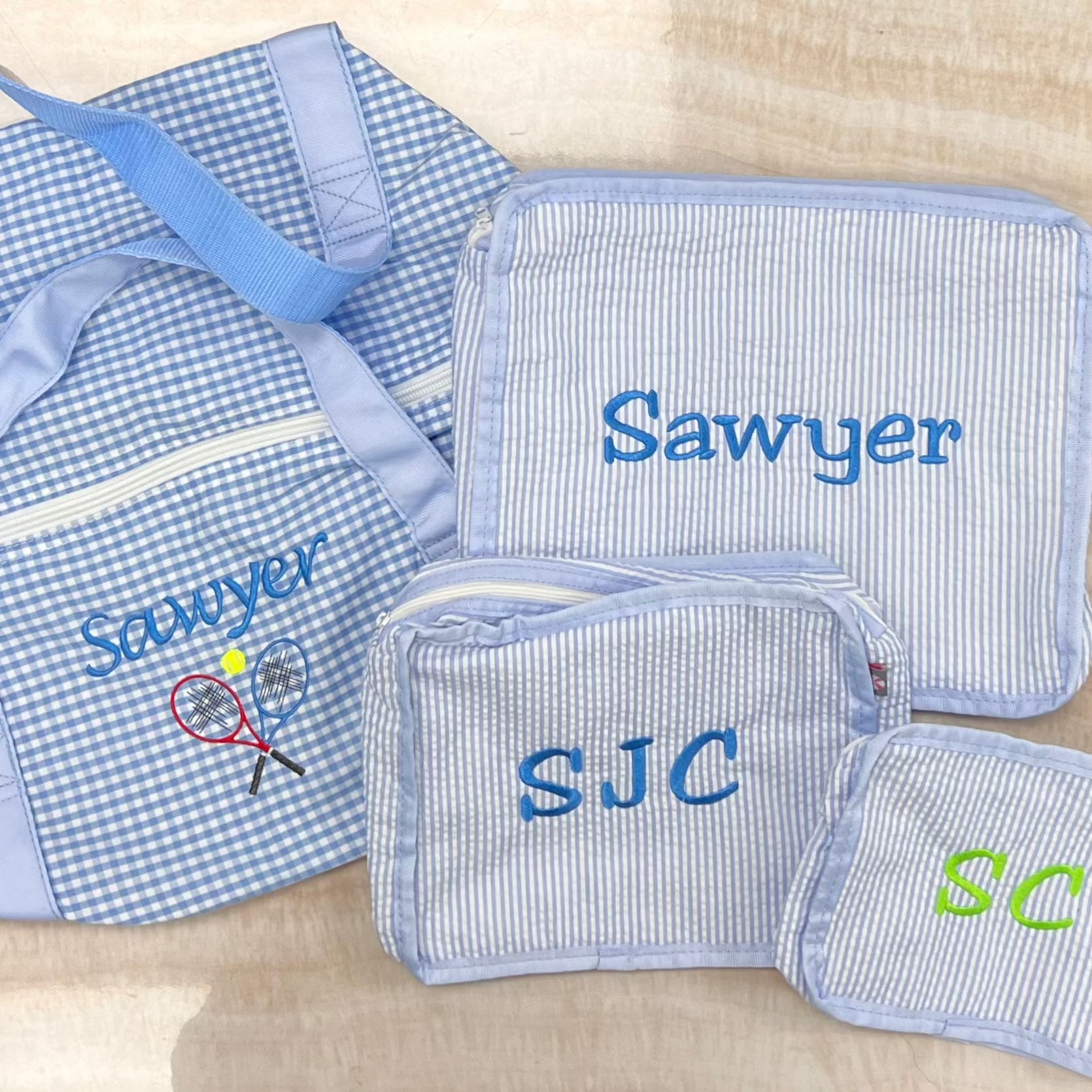 Personalized Gingham Baby Blue Duffel Bag - Give Wink