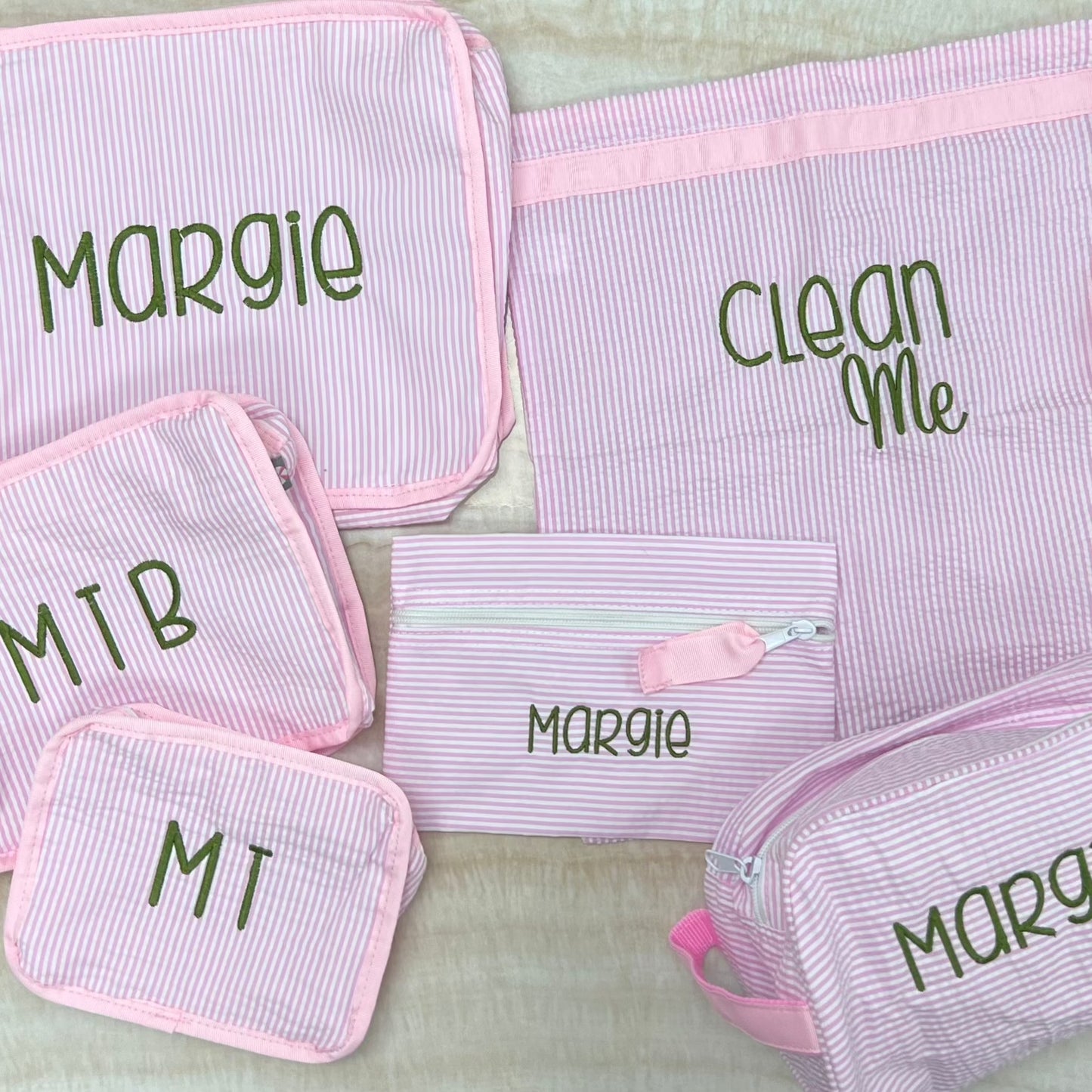 Personalized Seersucker Baby Pink Flat Pouch - Give Wink