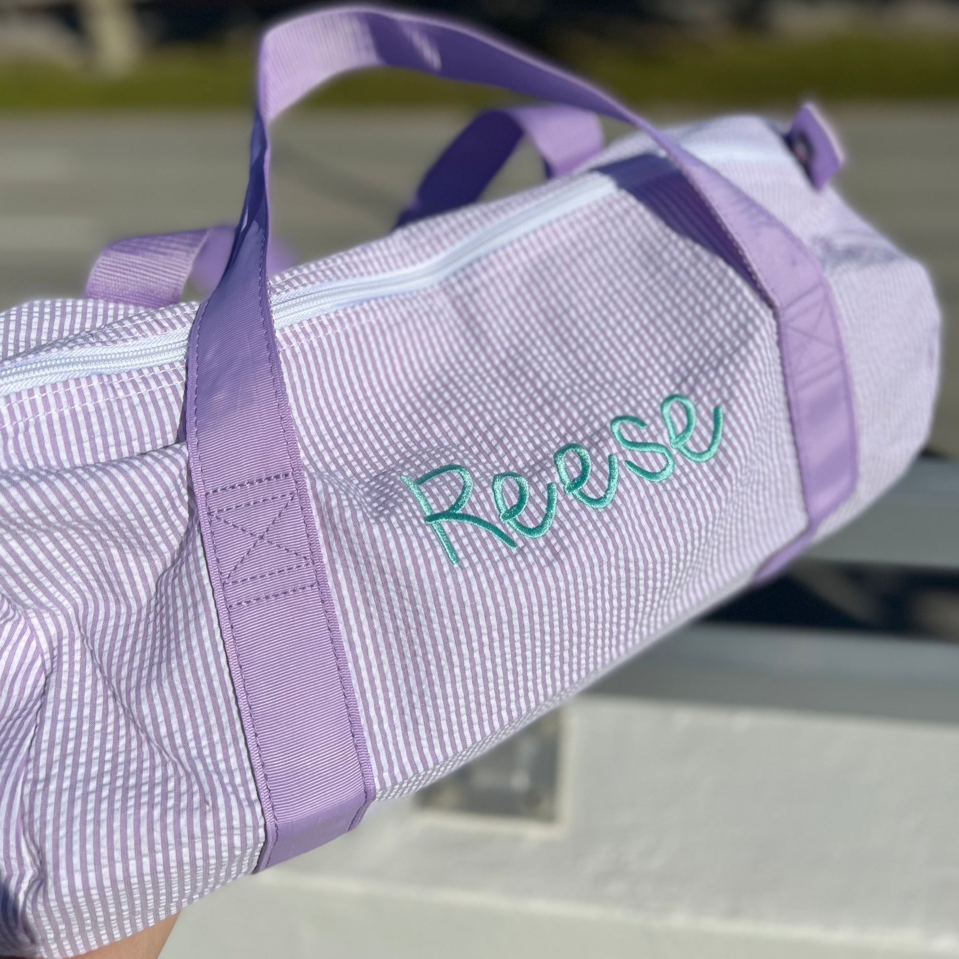 Personalized Seersucker Lilac Duffel Bag - Give Wink