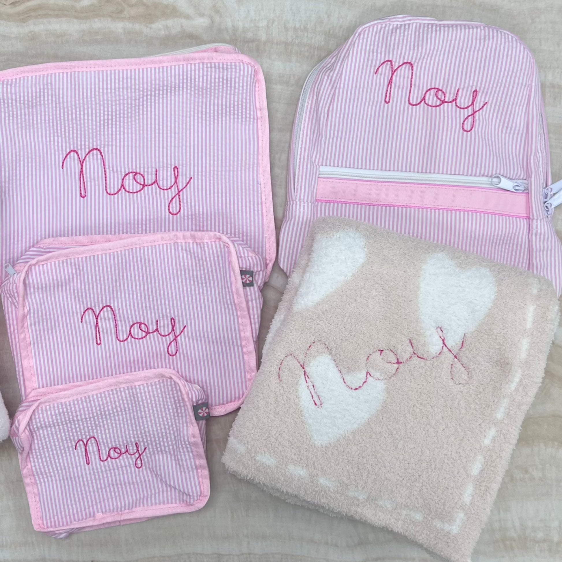Personalized Seersucker Baby Pink Small Backpack - Give Wink