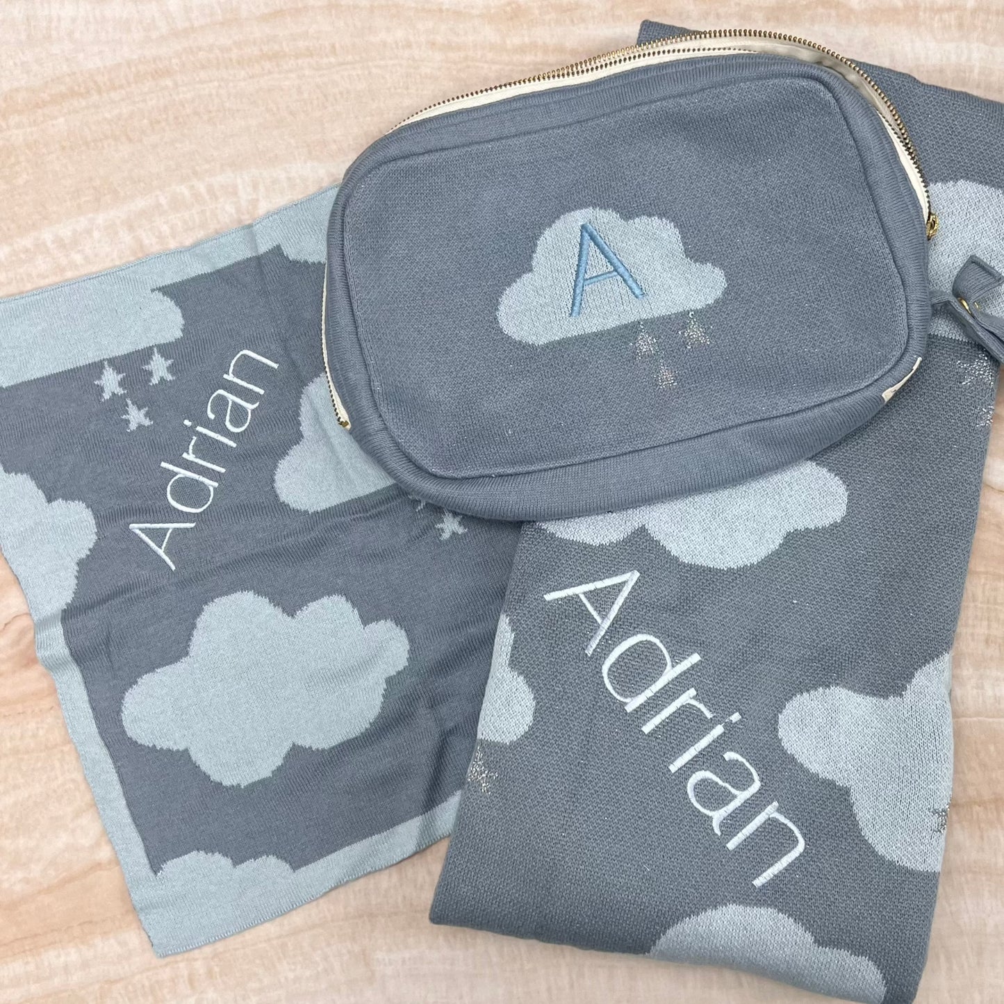 Personalized Baby Travel Set Blue Dreamy Clouds 3 Piece Knitted - Give Wink
