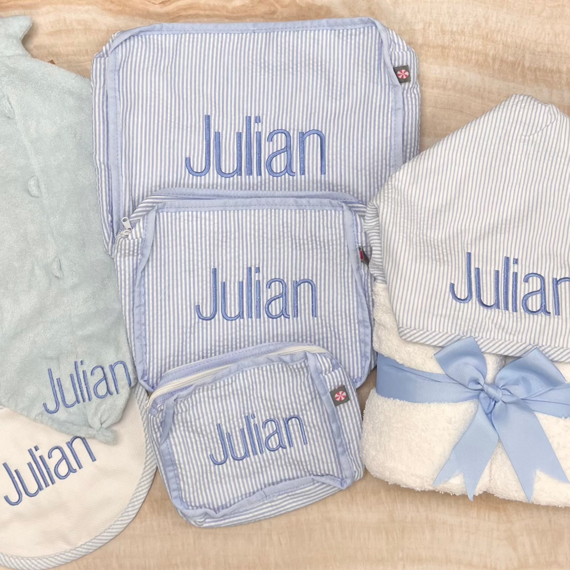 Personalized Seersucker Baby Blue Organizing Trio - Give Wink