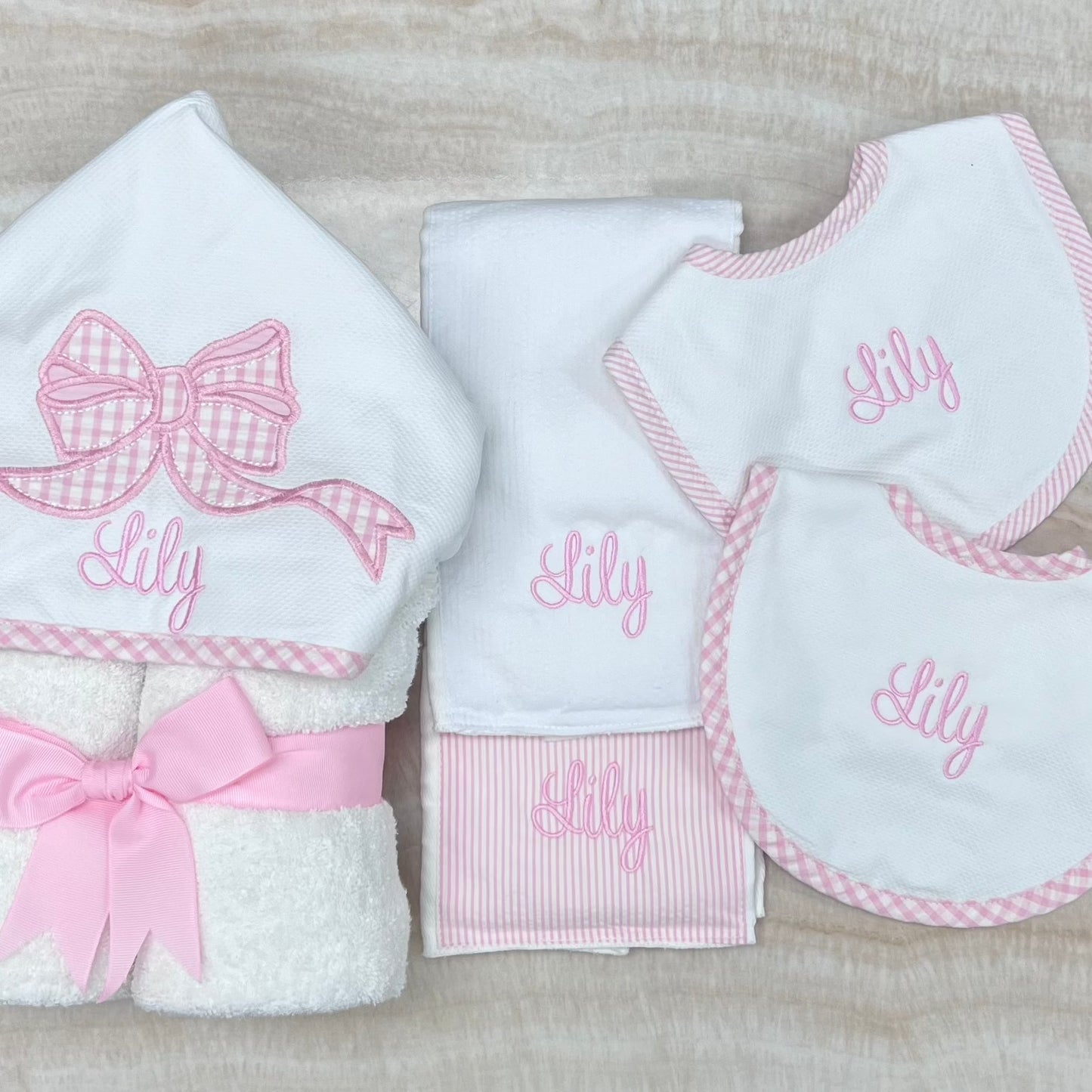 Personalized Baby Girl Pink Seersucker Stripe Pique Medium Bib - Give Wink