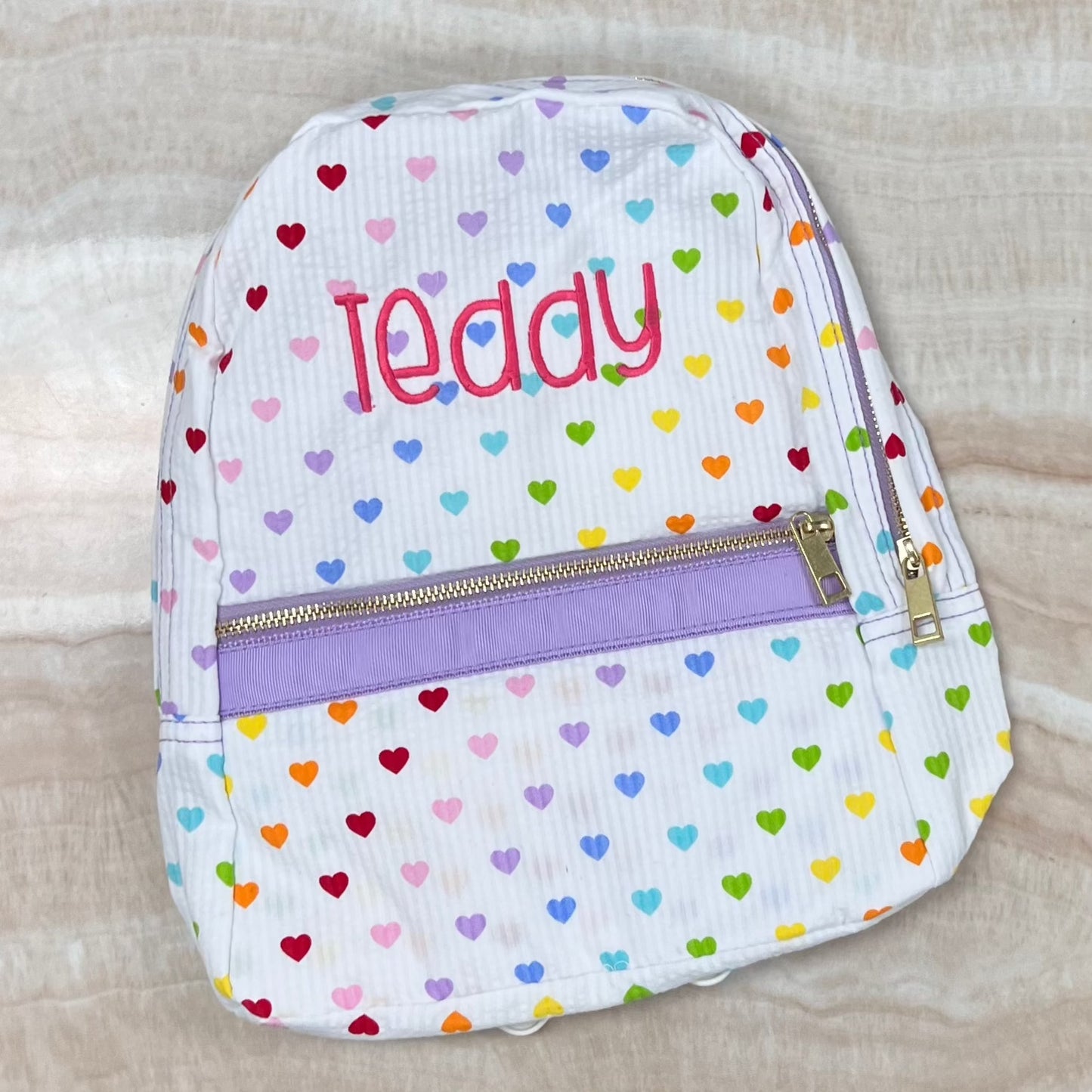 Personalized Seersucker Tiny Hearts Small Backpack - Give Wink