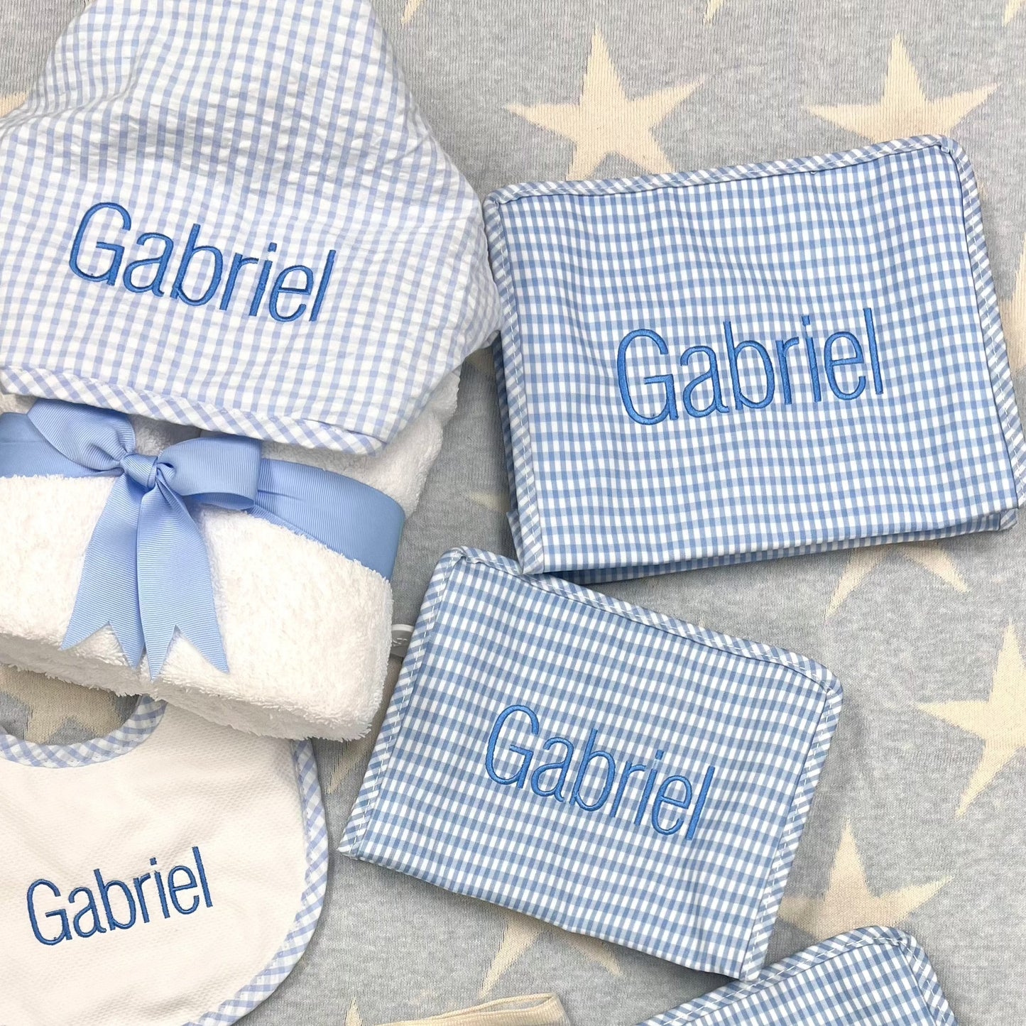 Personalized Baby Boy Blue Gingham Hooded Towel - Give Wink