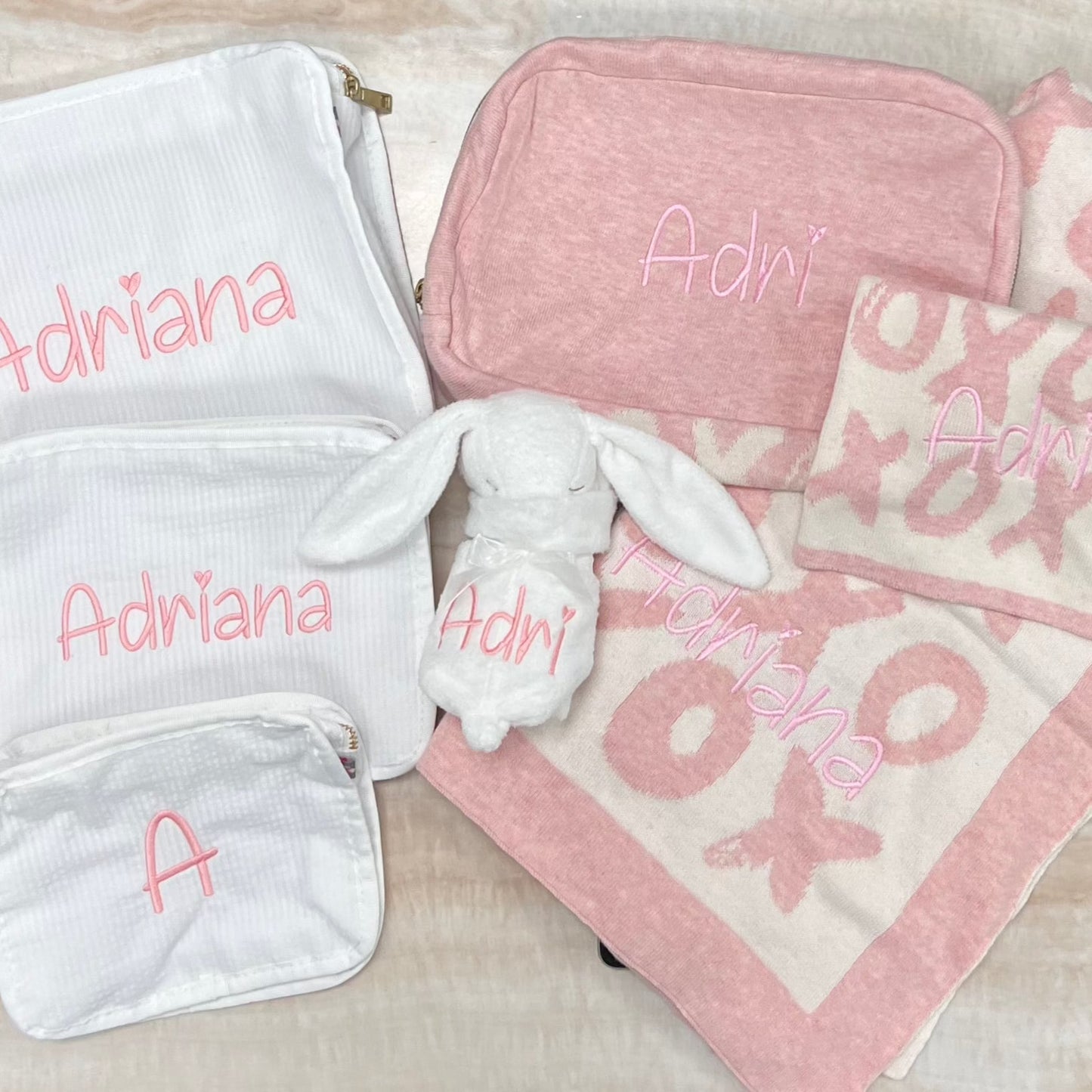 Personalized Baby Travel Set Pearl / Ivory XOXO 3 Piece Knitted - Give Wink