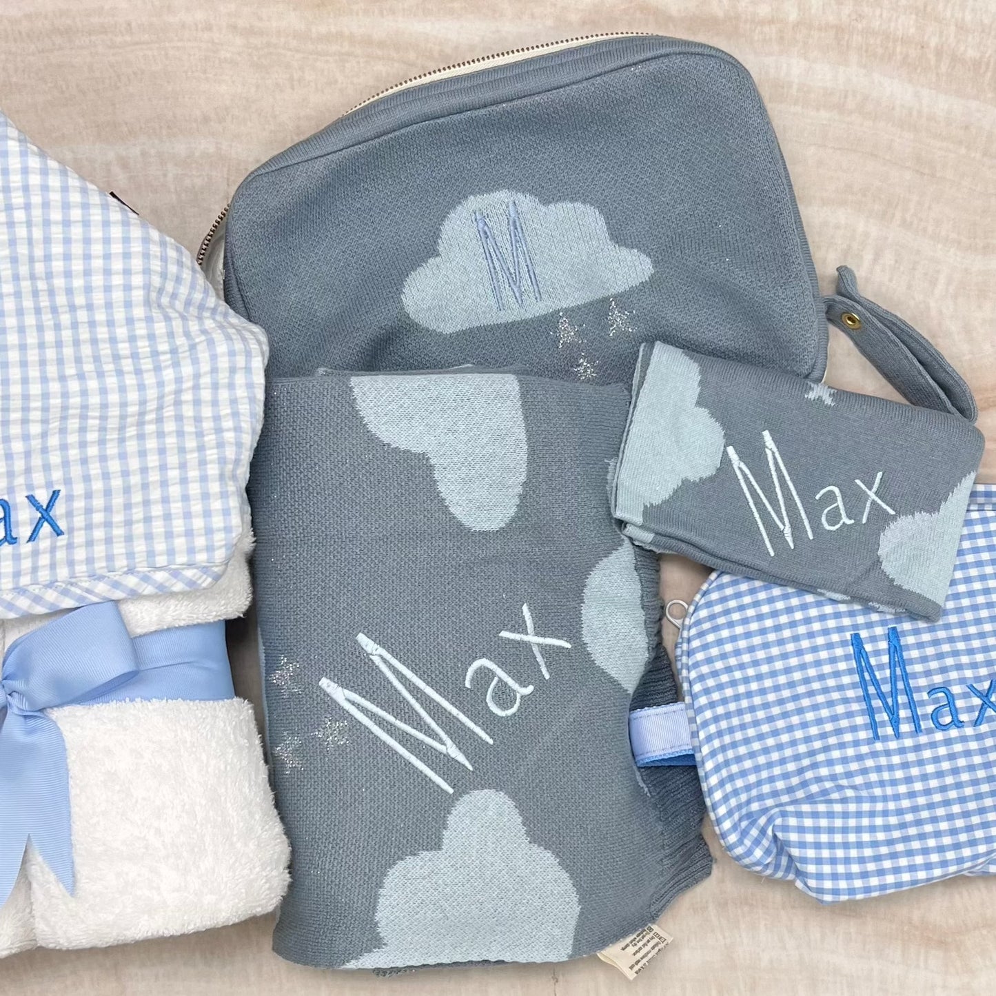 Personalized Baby Travel Set Blue Dreamy Clouds 3 Piece Knitted - Give Wink