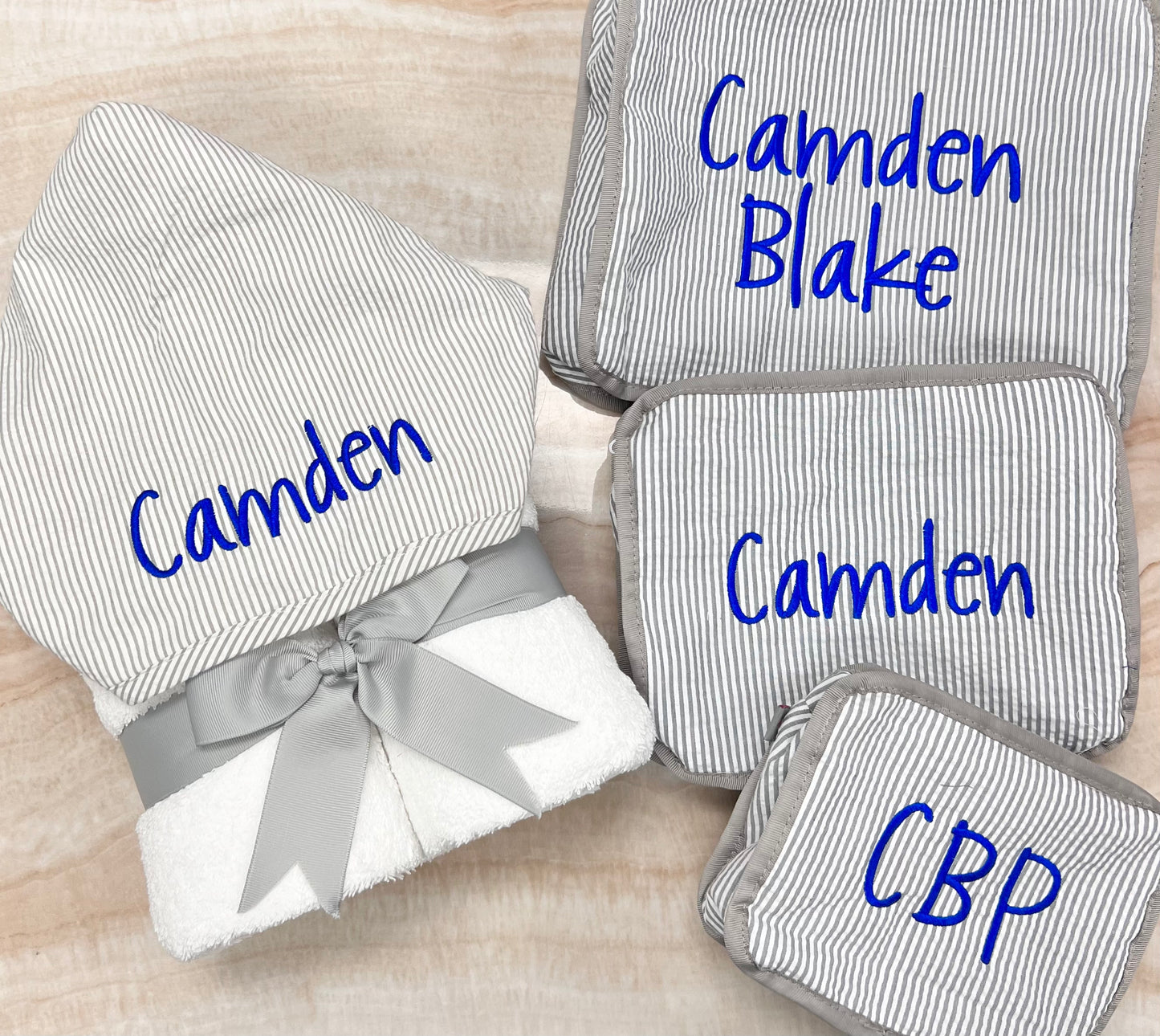 Personalized Grey Seersucker Stripe Hooded Towel - Give Wink