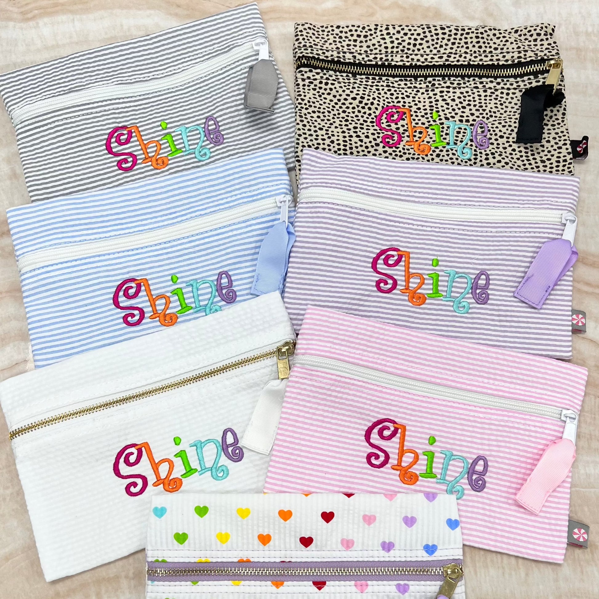 Personalized Seersucker Baby Pink Flat Pouch - Give Wink