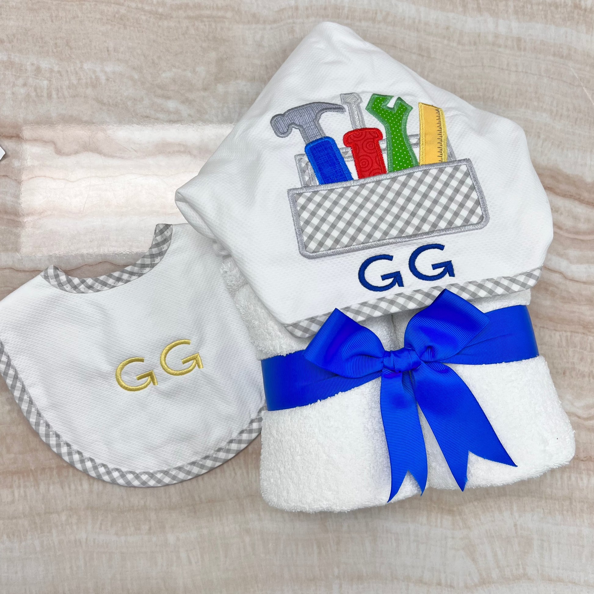 Personalized Grey Gingham Pique Medium Bib - Give Wink