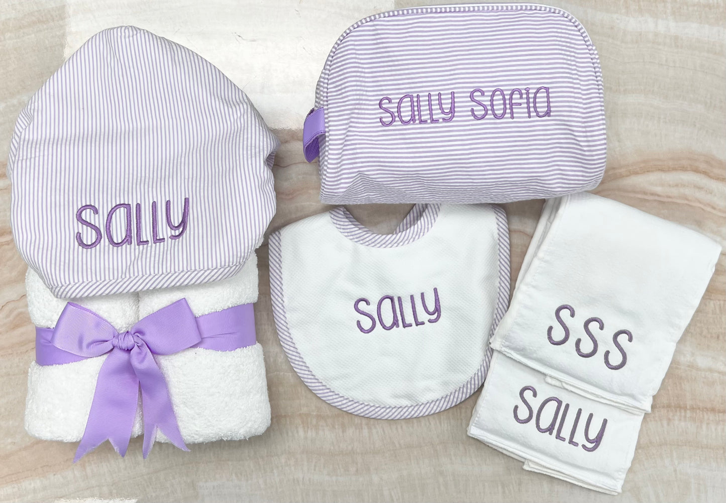 Personalized Baby Girl Lilac Seersucker Stripe Hooded Towel - Give Wink