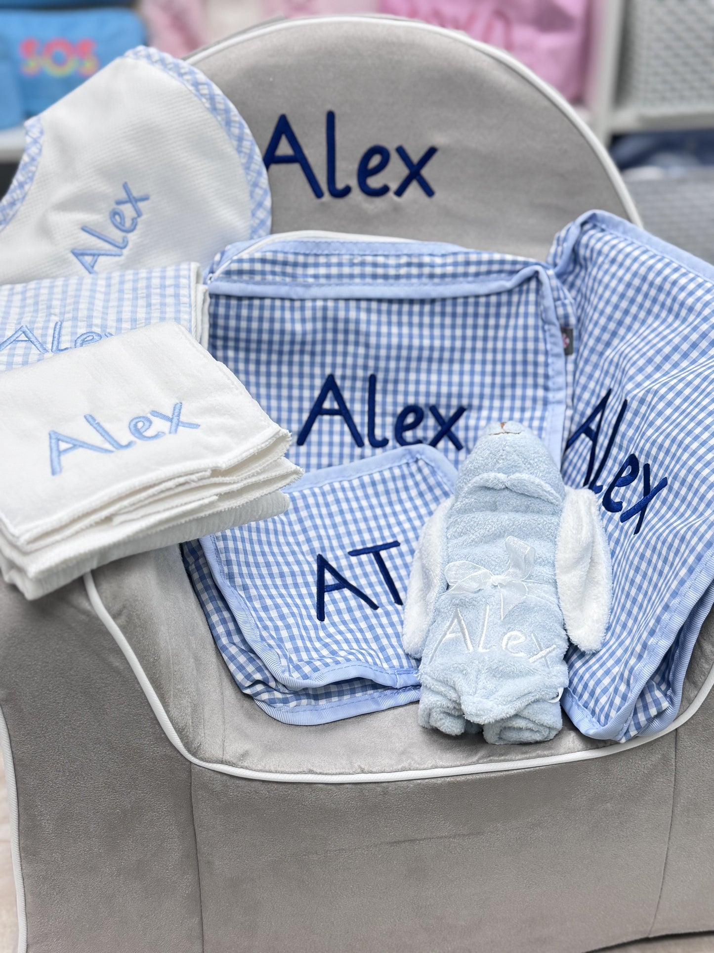 Personalized Gingham Baby Blue Organizing Trio - Give Wink