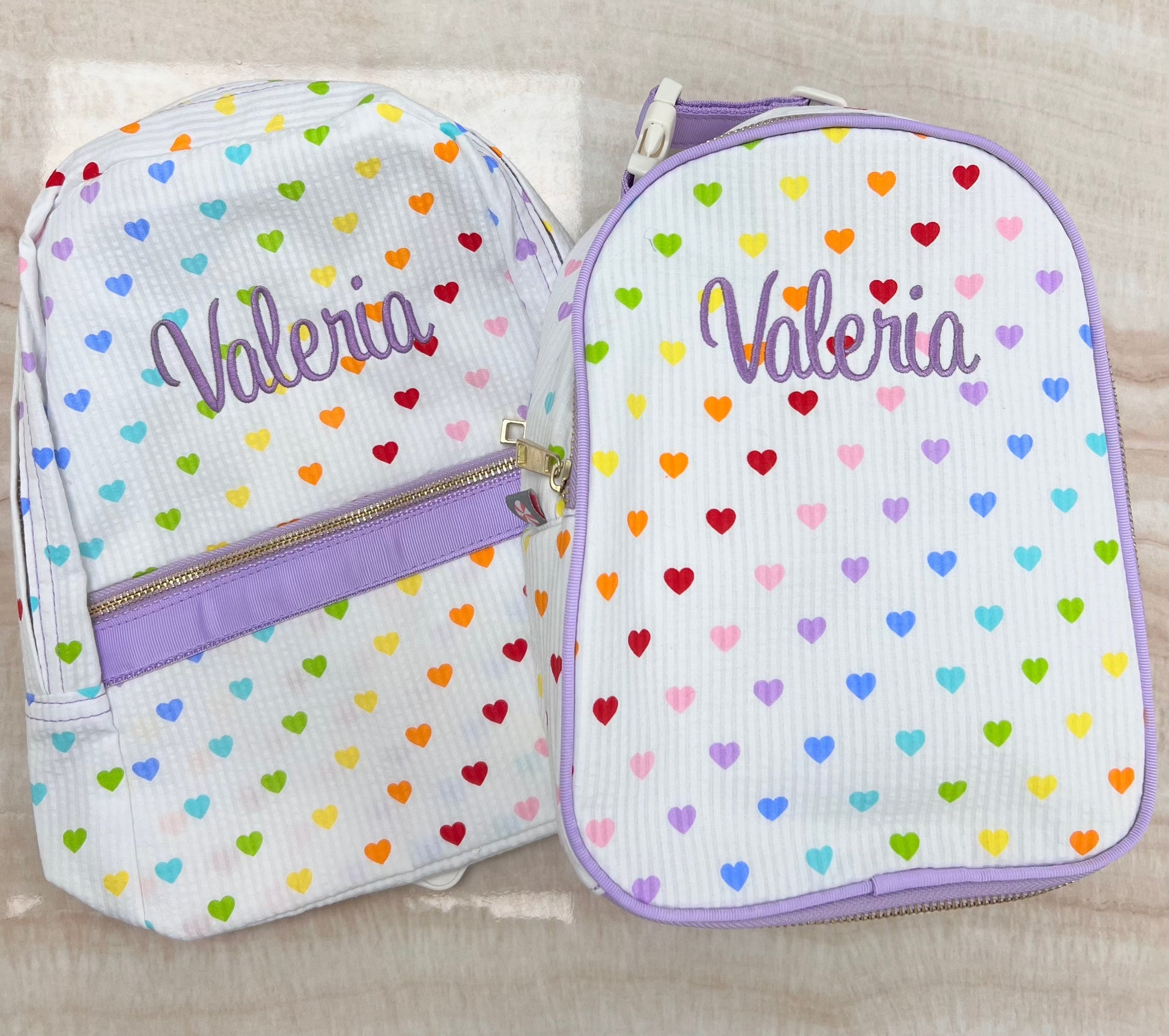 Personalized Seersucker Tiny Hearts Small Backpack - Give Wink