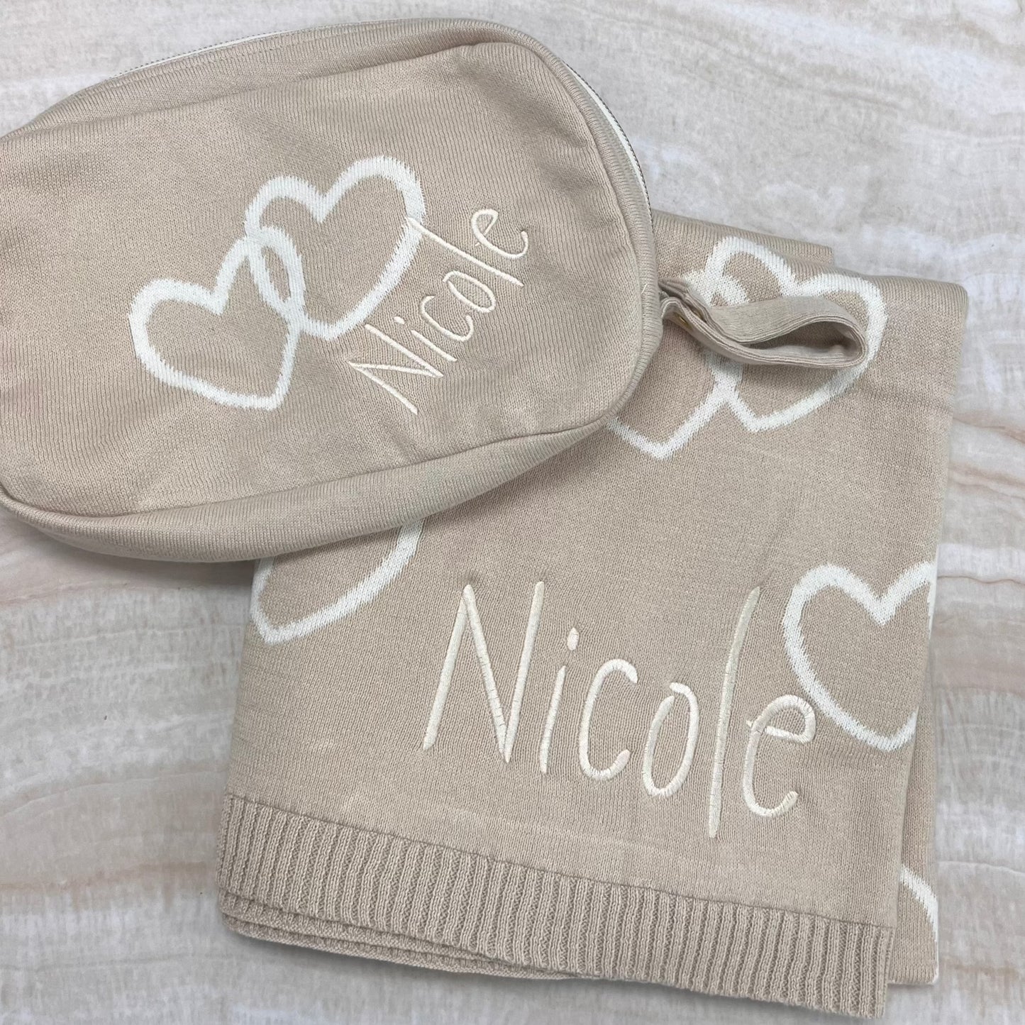 Twin Hearts 3 Piece Baby Knitted Travel Set - Natural / Linen - Give Wink