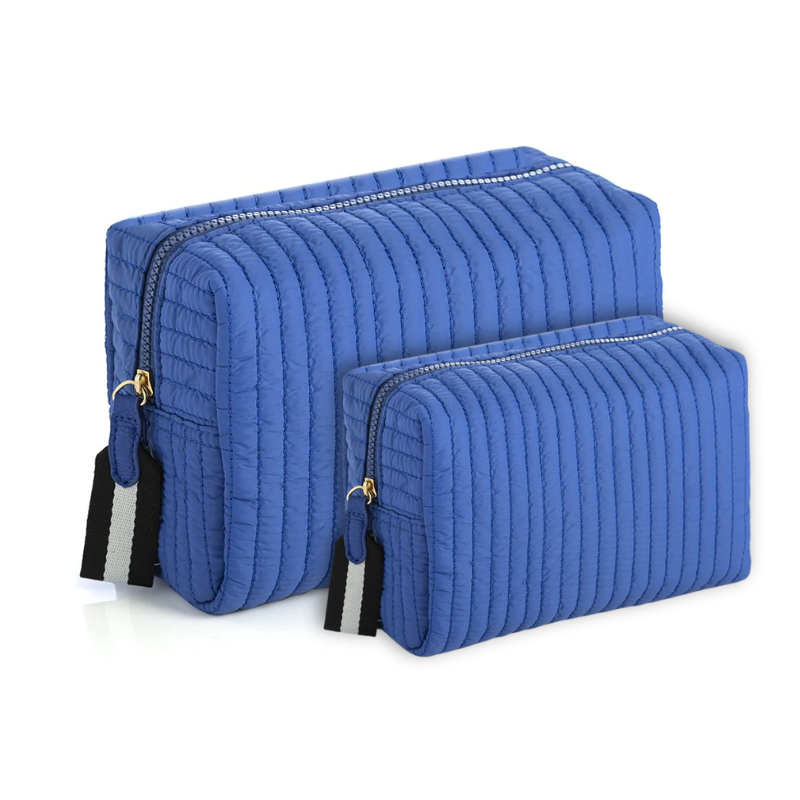 Ezra Quilted Nylon Boxy Cosmetic Pouch Set - Royal Blue - Give Wink