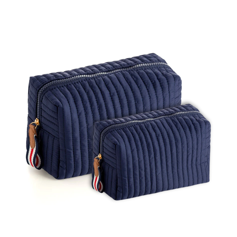 Ezra Quilted Nylon Boxy Cosmetic Pouch Set - Navy - Give Wink