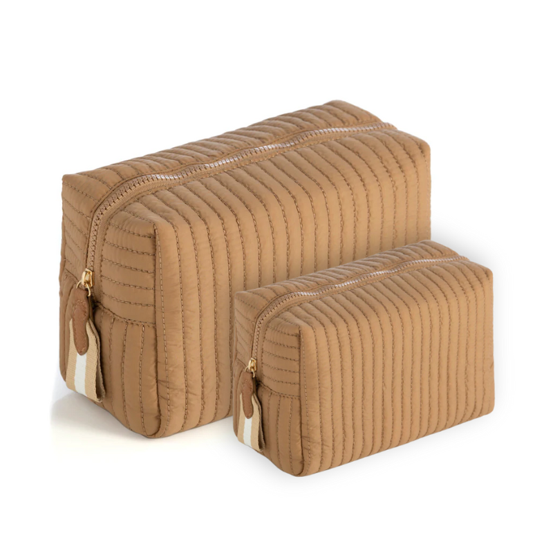 Ezra Quilted Nylon Boxy Cosmetic Pouch Set - Khaki - Give Wink