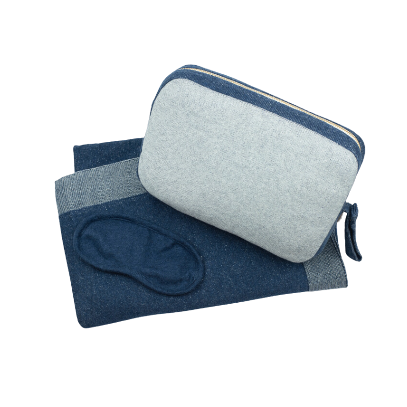 Personalized Adult Travel Set Reversible Solid 3 Piece Knitted Navy / Linen - Give Wink
