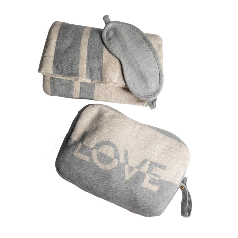 Personalized Adult Travel Set LOVE Dual 3 Piece Knitted Linen Sand / Lt Grey - Give Wink