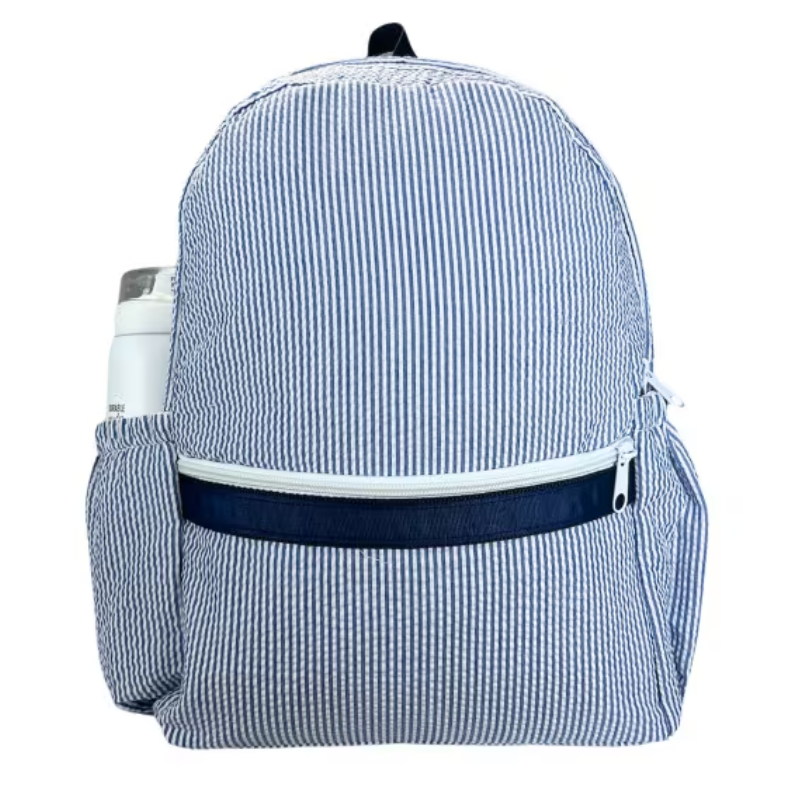 Personalized Seersucker Blue Navy Large Backpack w/Pockets - Give Wink