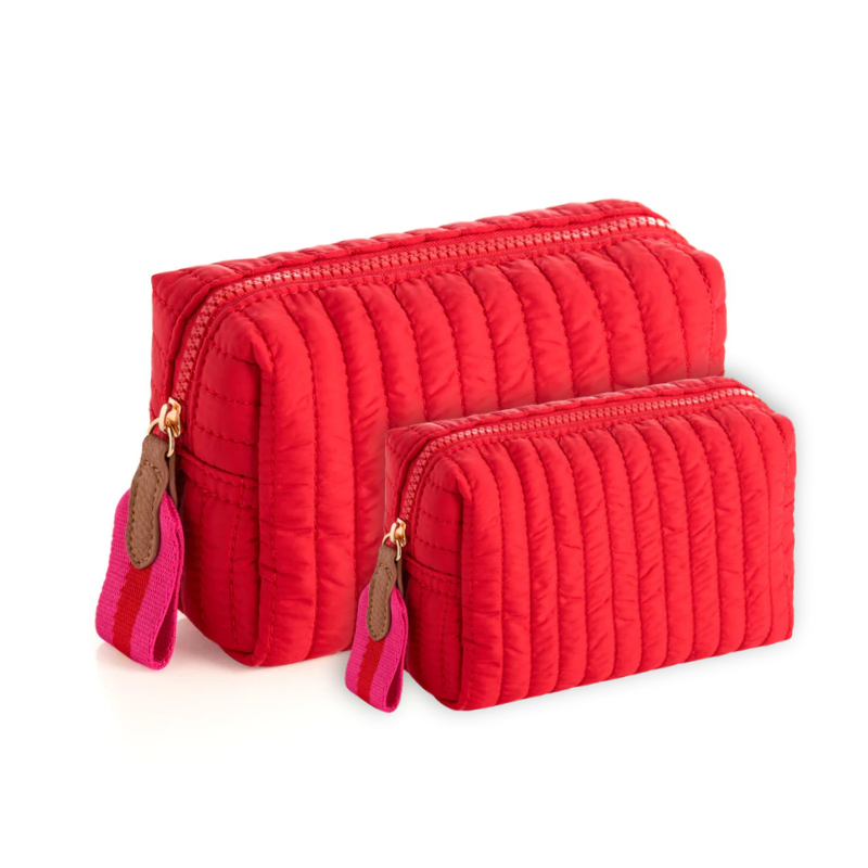 Ezra Quilted Nylon Boxy Cosmetic Pouch Set - Red - Give Wink