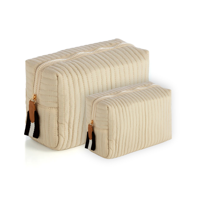 Ezra Quilted Nylon Boxy Cosmetic Pouch Set - Ivory - Give Wink