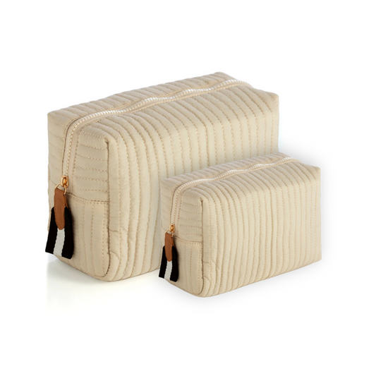 Ezra Quilted Nylon Boxy Cosmetic Pouch Set - Ivory - Give Wink